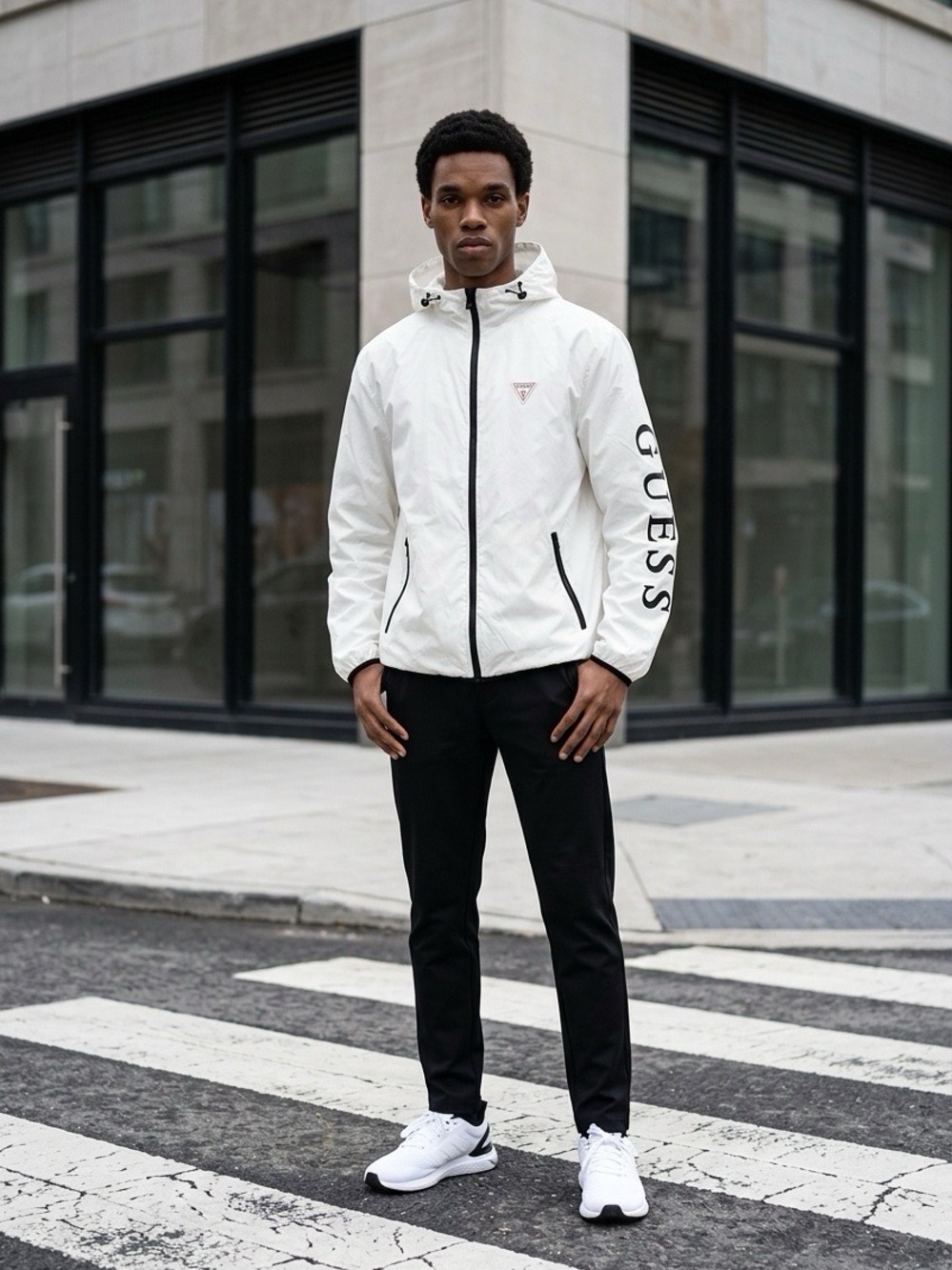GUESS White Hooded Windbreaker with Black Logo Sleeve